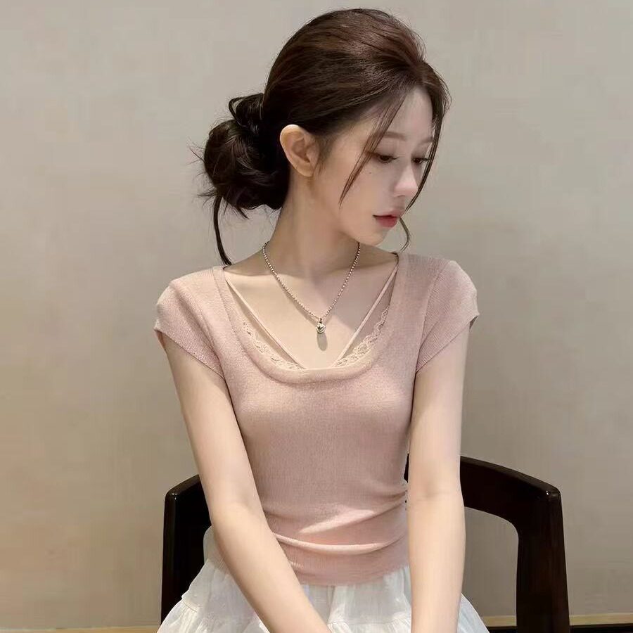 韩系V领蕾丝针织衫女短袖修身显瘦百搭套头上衣