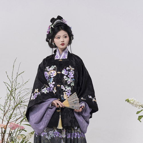 初潋月汉服葡萄绣花方领补服短袄暗纹提花缎绣花补服春款