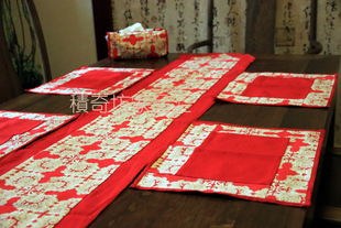 新品热卖中国风中式桌布印花布艺餐垫杯盘垫套装结婚喜庆红色桌旗
