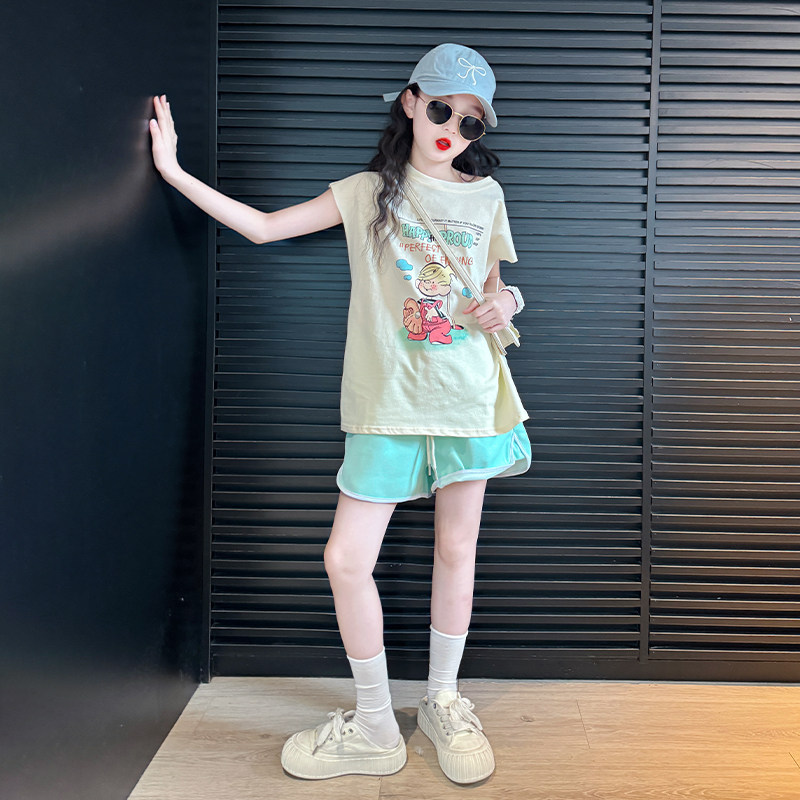 女童短裤套装夏季2025新款儿童背心短袖夏装女大童多巴胺运动穿搭