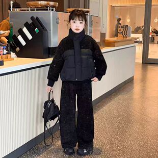 女童满天星棉衣套装2025秋冬新款中大童潮酷棉服外套闪亮阔腿裤潮