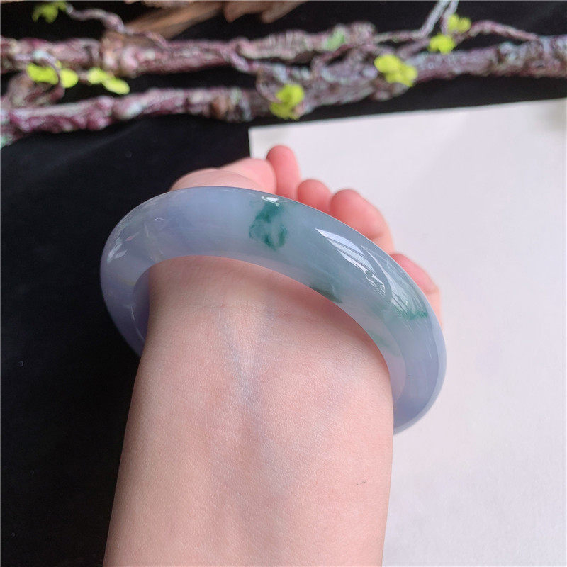 4月新品 鸿玉翡翠57圈口冰种紫飘绿花飘黄翡正圈手镯正品10P10418