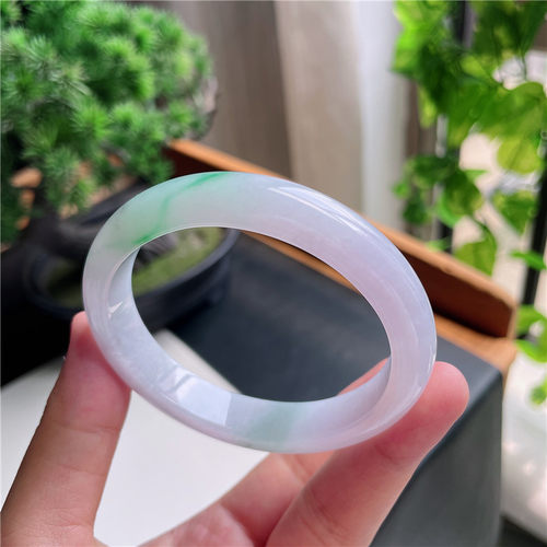 9月新品 鸿玉翡翠56圈口冰种紫韵飘阳绿贵妃玉手镯女款13L50908