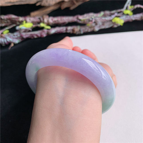 5月新品 鸿玉翡翠56圈口冰种紫罗兰飘绿正圈玉手镯女款7P10518