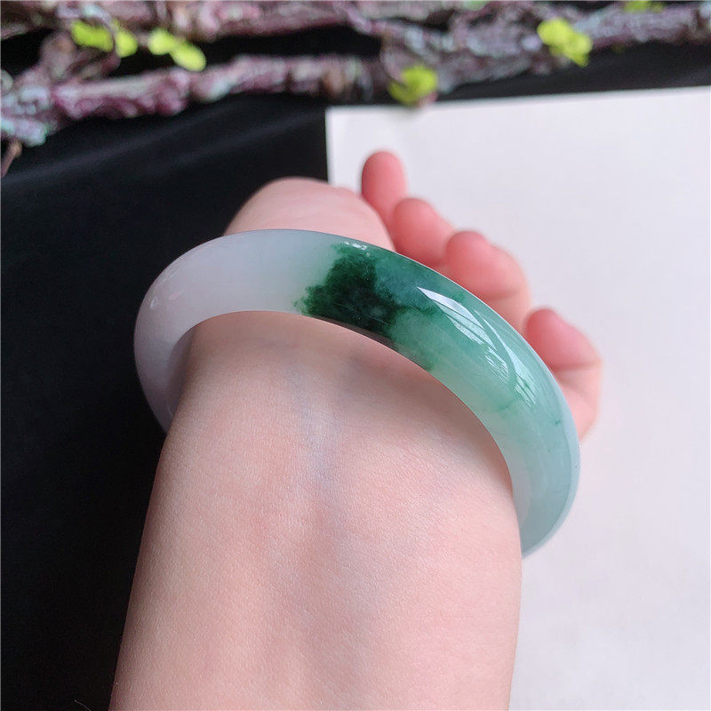 4月新品 鸿玉翡翠54圈口冰糯种飘浓绿花正圈手镯正品9K20410