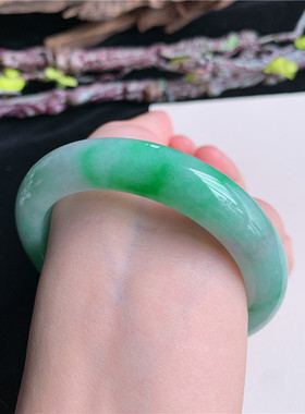 5月新品 鸿玉翡翠54圈口冰糯种飘阳绿正圈玉手镯女款正品27F70516