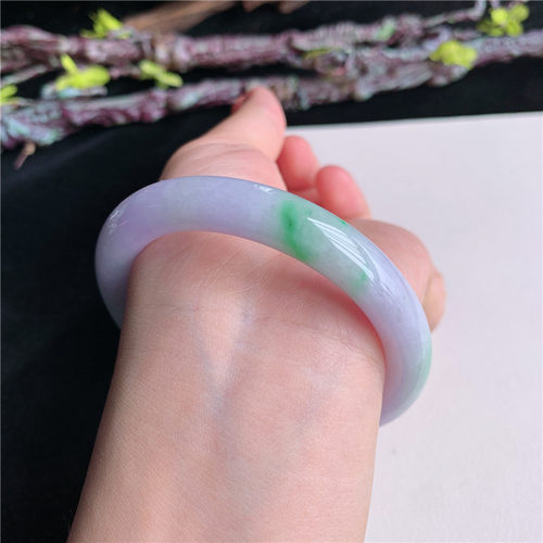 6月新品 鸿玉翡翠55圈口冰糯种紫罗兰飘阳绿圆条玉手镯女10M10629