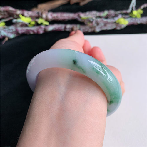 6月新品鸿玉翡翠53圈口冰糯种紫底飘绿花正圈玉手镯女款129F30617