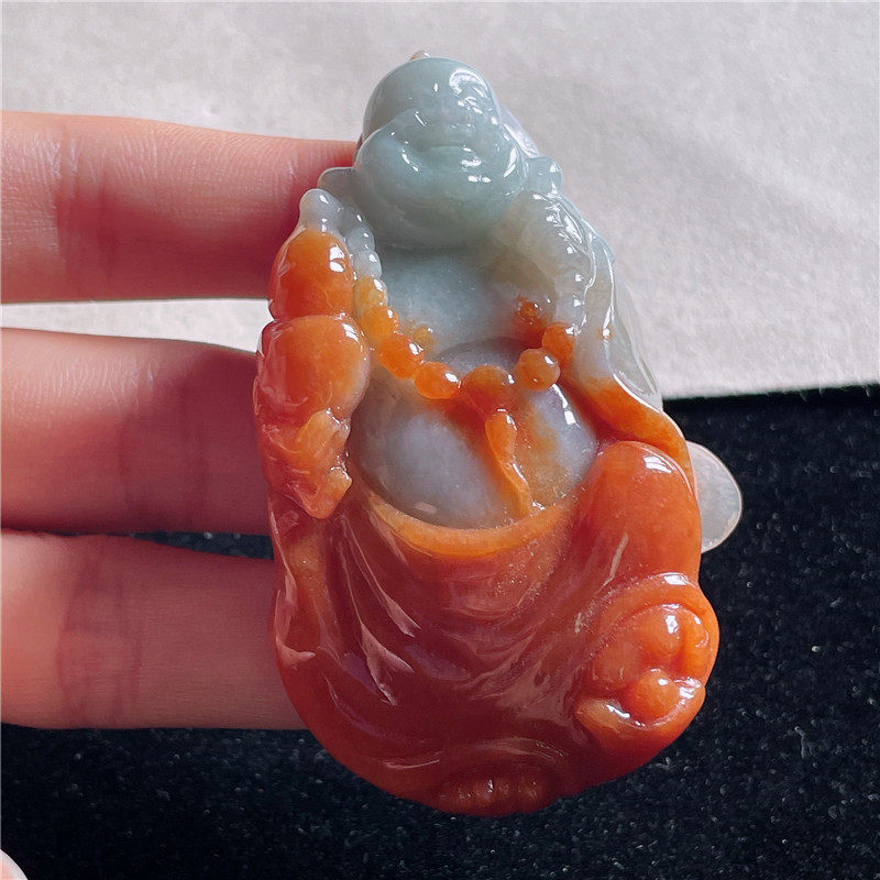 10月新品 鸿玉翡翠冰糯种红翡弥勒佛精美吊坠 正品A货 A661020