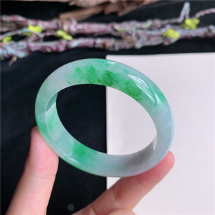 7月新品 鸿玉翡翠52圈口冰糯种飘阳绿正圈玉手镯女款正品1H40702