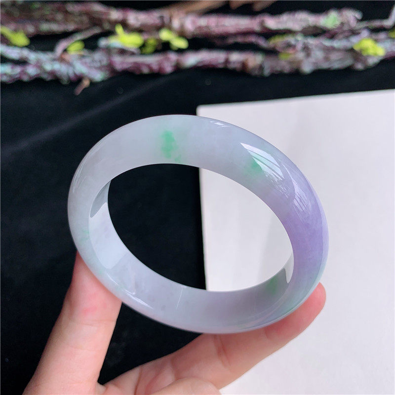 5月新品 鸿玉翡翠53圈口冰糯种紫底飘阳绿玉手镯女款正品5Q50529