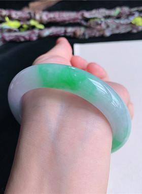 6月新品 鸿玉翡翠56圈口冰糯种紫底飘阳绿正圈玉手镯女款5H70602
