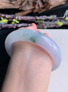 6月新品 鸿玉翡翠60圈口冰糯种紫底飘绿花正圈玉手镯女款78V90623