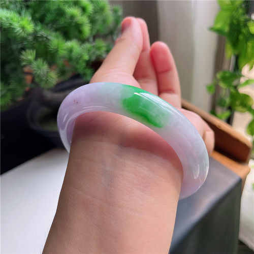 9月新品 鸿玉翡翠58圈口冰种紫底飘阳绿正圈玉手镯女款14F70910
