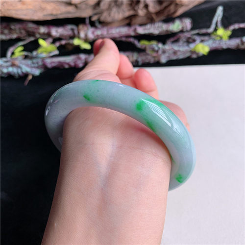 7月新品鸿玉翡翠57圈口冰糯种紫底飘阳绿花正圈玉手镯女款7C60717