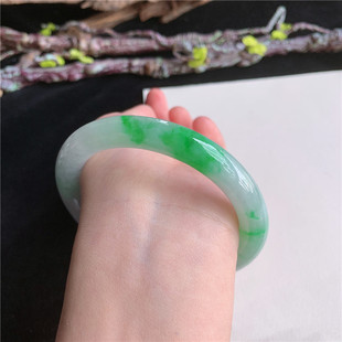 4月新品 鸿玉翡翠59圈口冰糯种飘阳绿圆条手镯正品22F70425