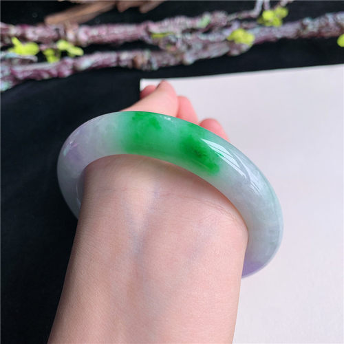 6月新品 鸿玉翡翠61圈口冰糯种紫罗兰飘阳绿正圈玉手镯女19F70619