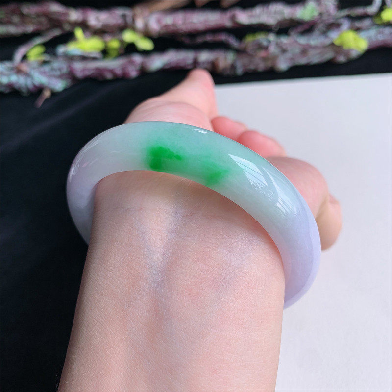 6月新品鸿玉翡翠55圈口冰糯种紫罗兰飘阳绿正圈玉手镯女款5D50530