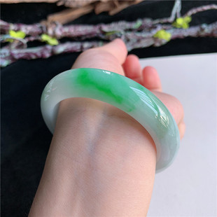 7月新品 鸿玉翡翠53圈口冰糯种飘阳绿正圈玉手镯女款正品2H40702