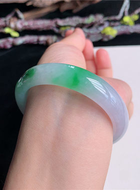 7月新品 鸿玉翡翠53圈口冰糯种紫底飘阳绿正圈玉手镯女款3D10703