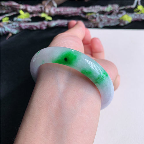 7月新品 鸿玉翡翠53圈口冰糯种紫底飘阳绿花正圈玉手镯女11W40709