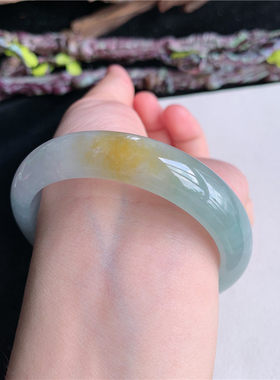 6月新品 鸿玉翡翠54圈口冰糯种三彩飘黄翡正圈玉手镯女款5W20606