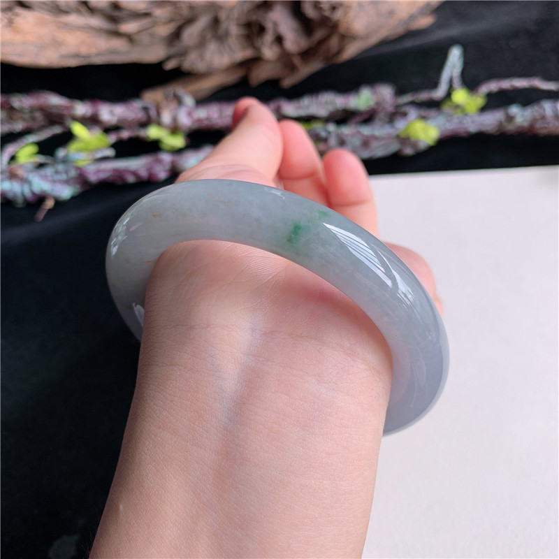 7月新品 鸿玉翡翠57圈口冰糯种紫底飘黄翡圆条玉手镯女款12G50717