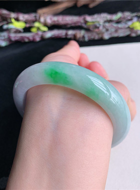 6月新品 鸿玉翡翠56圈口冰糯种紫底飘阳绿正圈玉手镯女款5A50612