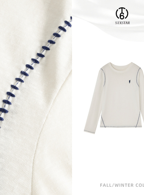 T6鱼骨线刺绣百搭长袖女白色圆领套头打底衫-N25D267W