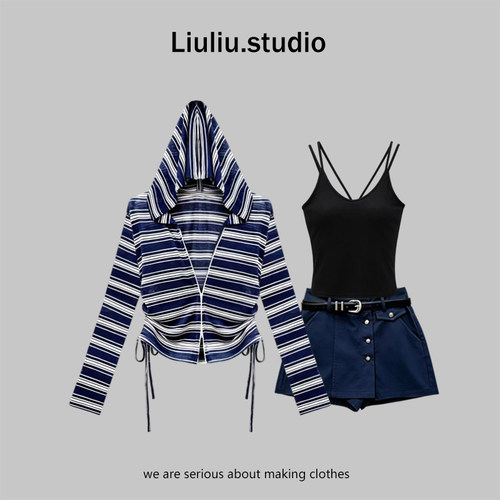 LiuLiu定制【夏日炎炎】设计感条纹防晒＋胸垫背心＋显瘦裙裤套装