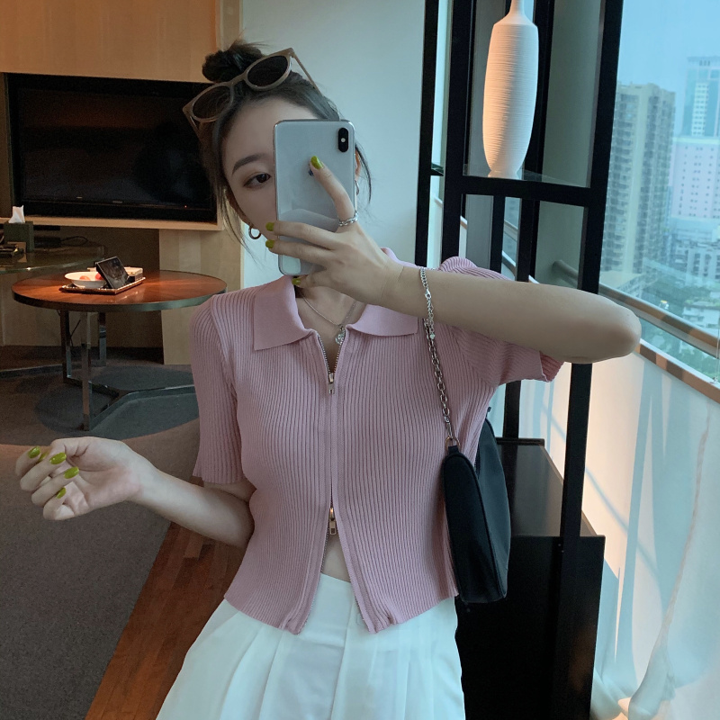 Real price real photo BM style polo collar short top zipper fit short sleeve T-shirt