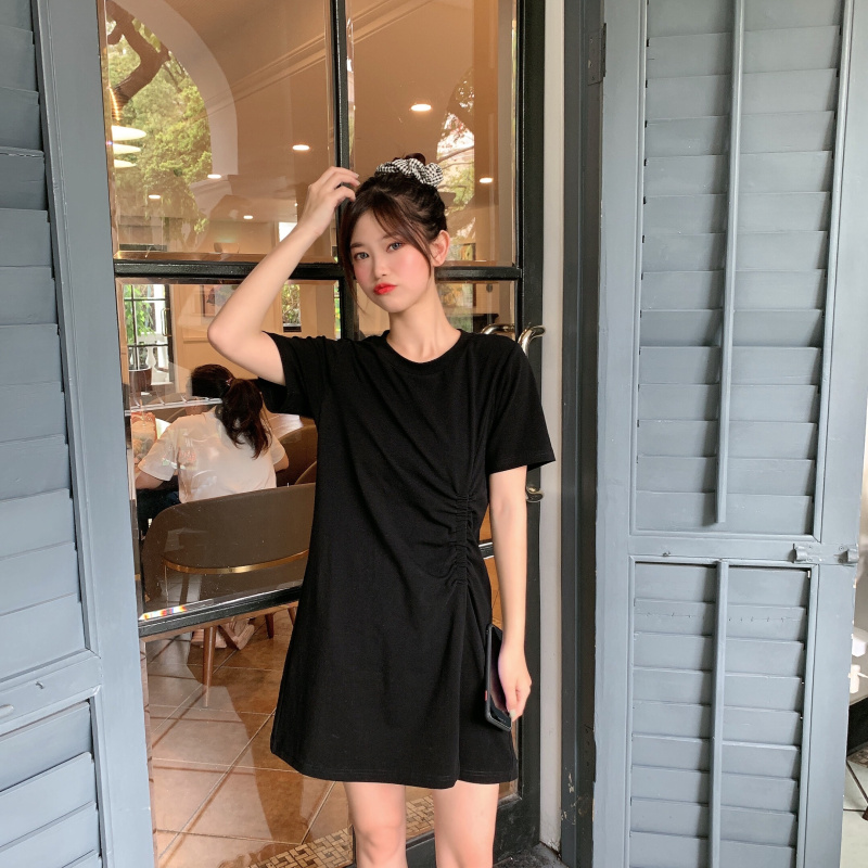 Real price real shot short sleeve T-shirt skirt spring and summer dress loose round neck bottom skirt black inside skirt