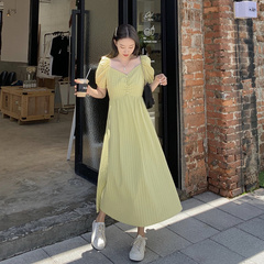 Real price real shot French retro bubble sleeve chicken heart collar fairy long waist dress