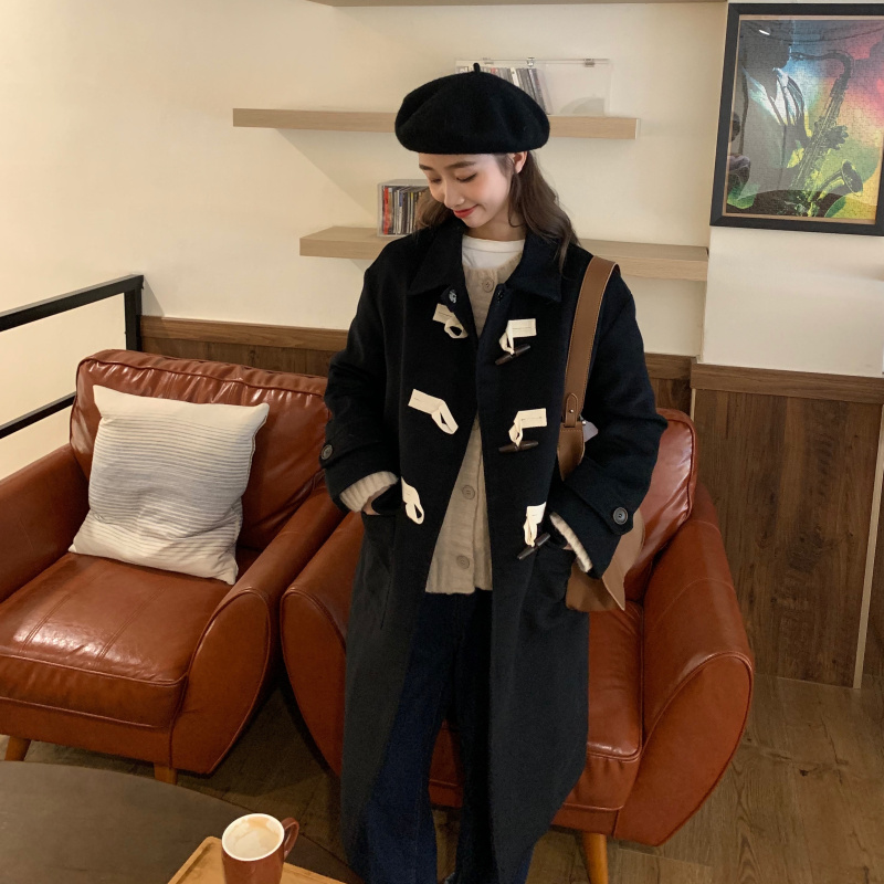 Real price real shot Korean winter ox horn buckle college style long retro coat temperament woolen coat