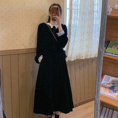 Real price photo Hepburn style small black dress long sleeve skirt autumn winter black velvet dress