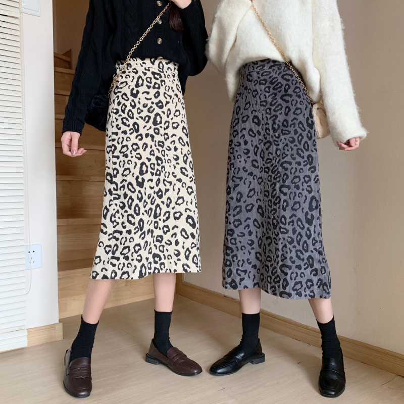 Real price Corduroy Skirt autumn winter mid length skirt high waist leopard print hip skirt