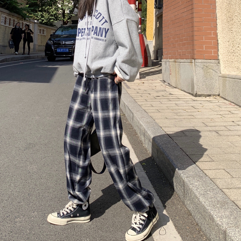 Real price plaid pants loose high waist slim casual pants autumn versatile Plaid Leggings