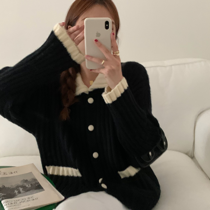 Real price photo soft waxy junior sweater cardigan loose polo collar Slouchy pit stripe T-shirt