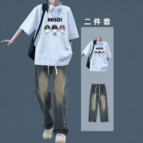 夏季青少年短袖T恤牛仔裤套装