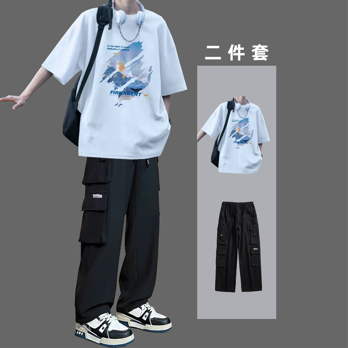 学生帅气潮牌短袖印花T恤男夏季宽松休闲运动套装青少年一套搭配