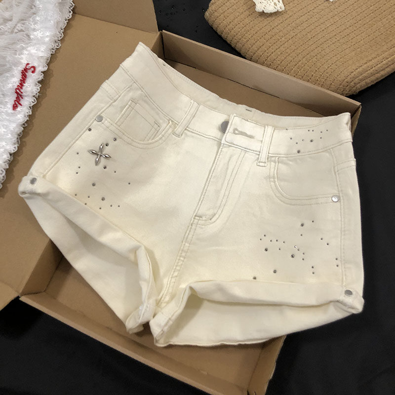 美式重工烫钻卷边白色牛仔短裤女夏季韩系辣妹风高腰阔腿A字热裤