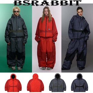 2627BSRABBIT韩国滑雪服防水男女款单板大红色格子拉链连帽开衫