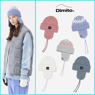 DIMITO滑雪针织帽防寒风保暖带耳朵粉乳白色黑色男女款双帽子