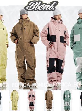 24BLENT韩国连体滑雪服衣防水防风耐磨男女款单板双板连帽黄色2L