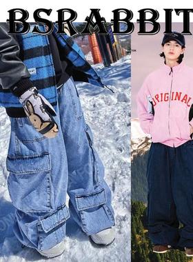 24BSRABBIT韩国牛仔裤男女款双板单板宽松超级肥大直筒蓝色