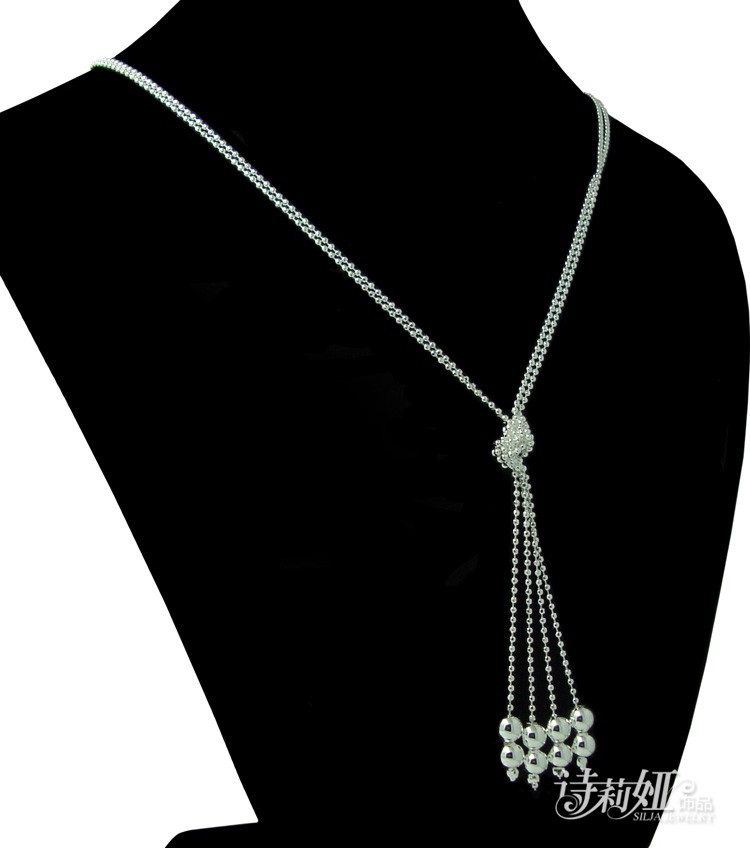 诗莉娅925银圆珠项链女时尚简约波西米亚风长流苏项链毛衣链礼物