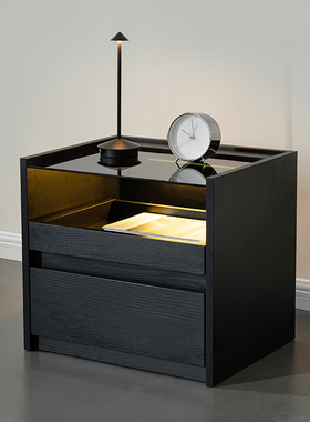 意式极简床头柜现代简约灰色玻璃带灯一体床边柜卧室储物柜收纳柜