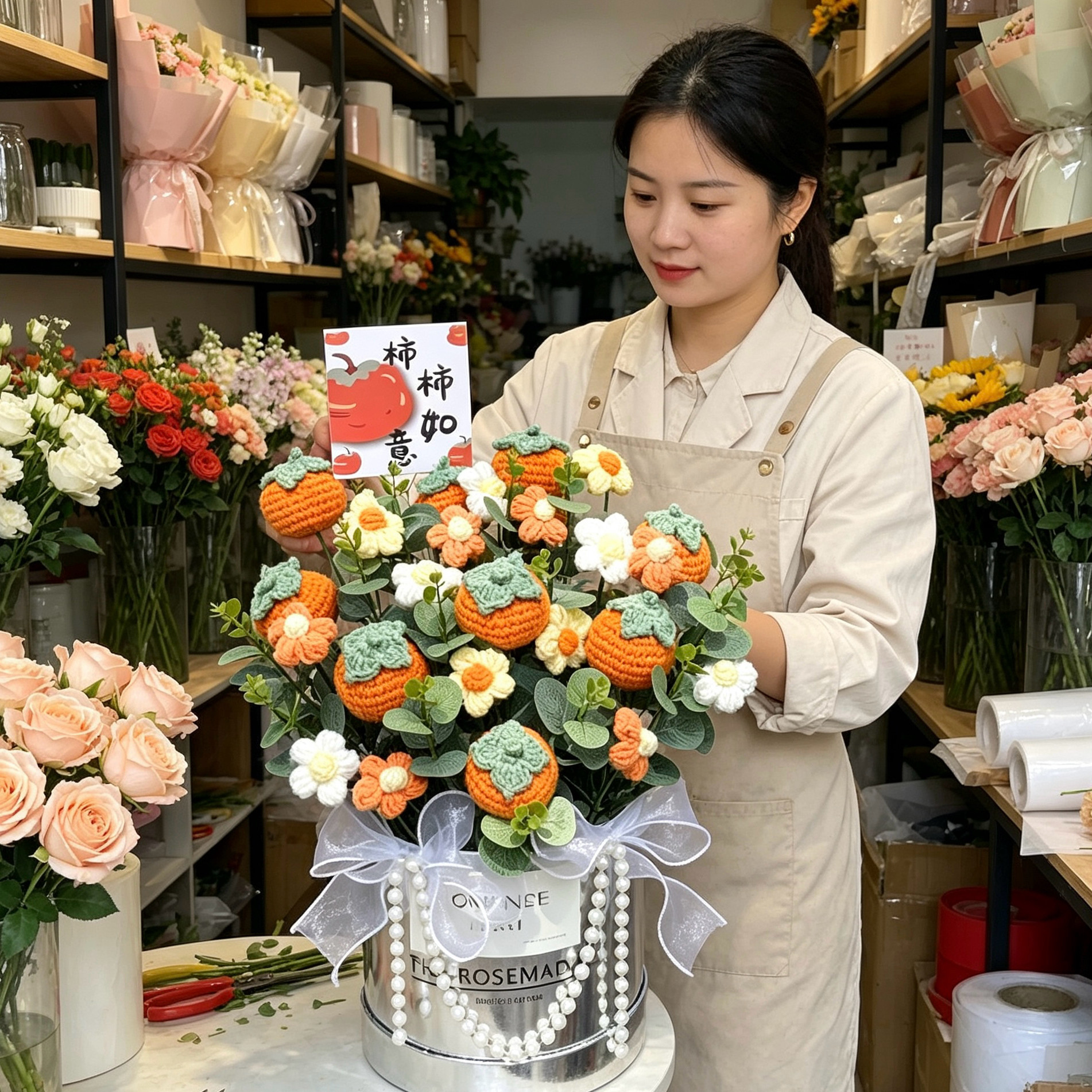 针织仿真花手工花束抱抱桶情人节教师节送女生礼物家居装饰摆件花