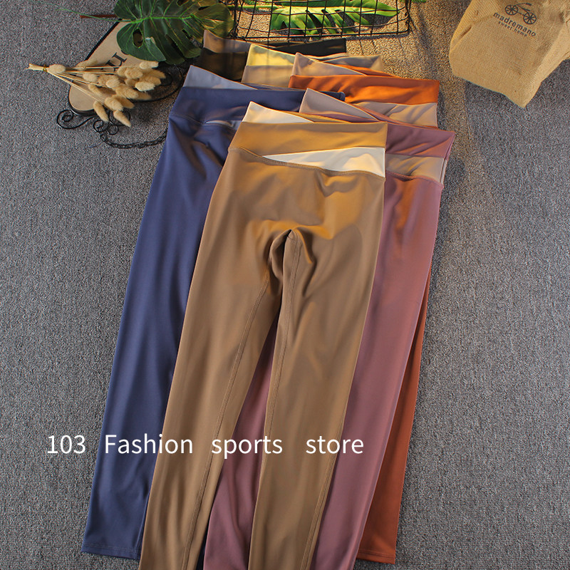 撞色高腰裸感收腹提臀瑜伽裤女跑步普拉提无尴尬线紧身弹力健身裤