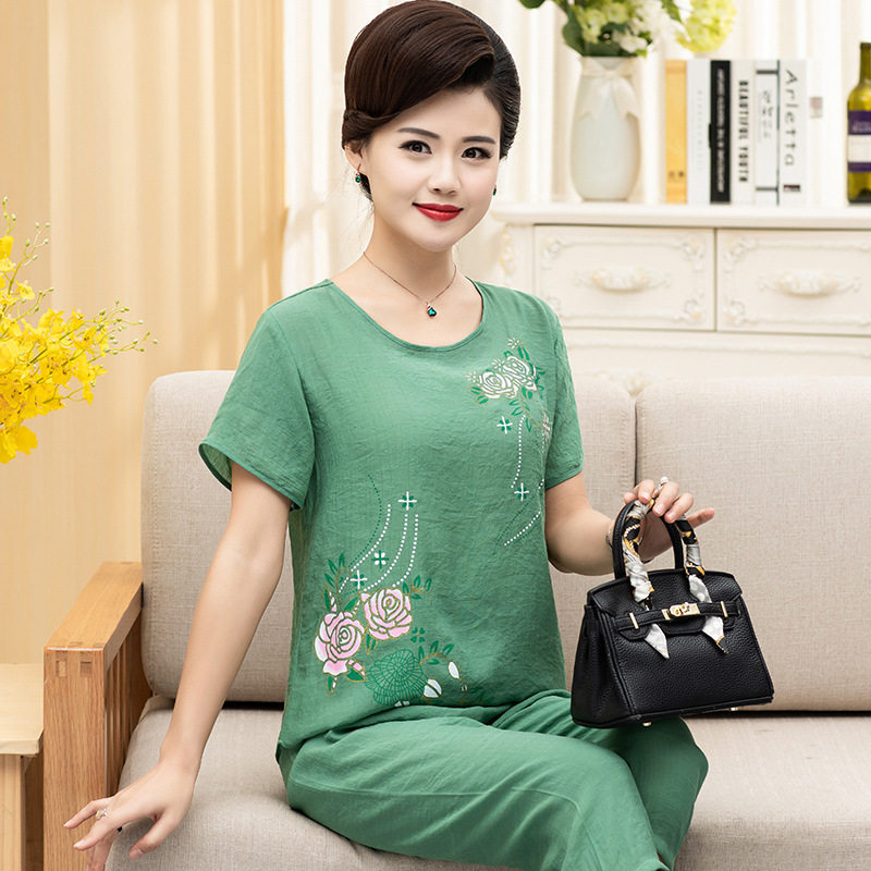 中老年妈妈睡衣女士夏季薄款短袖夏天纯棉麻婆婆家居服套装可外穿